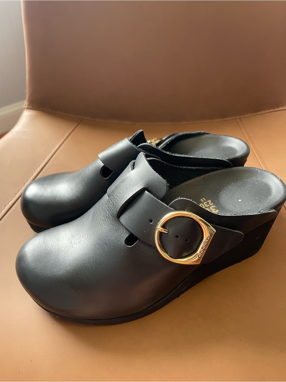 Papillio Black Leather Clogs with Gold Buckle